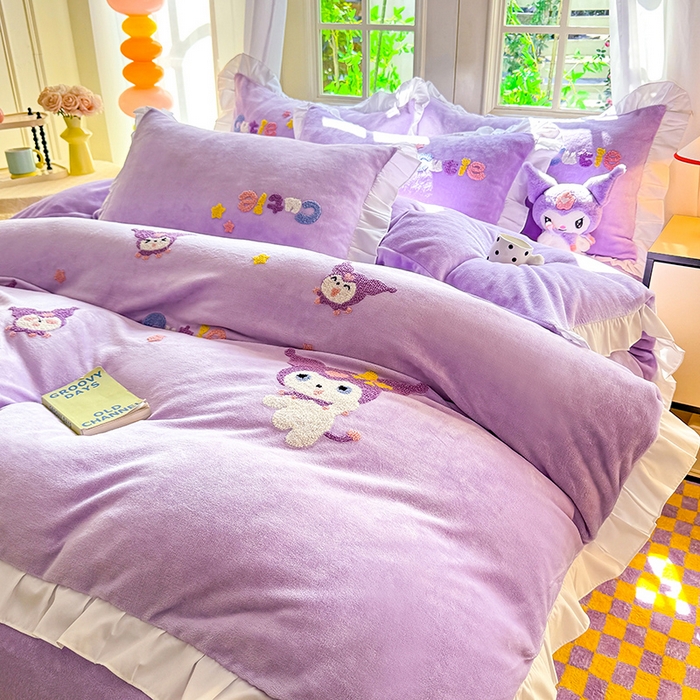 91家纺网 家纺一手货源 找家纺 雨菲家纺 2025新款高克重加厚牛奶绒毛巾绣韩版荷叶花边四件套-美美兔 美美兔紫