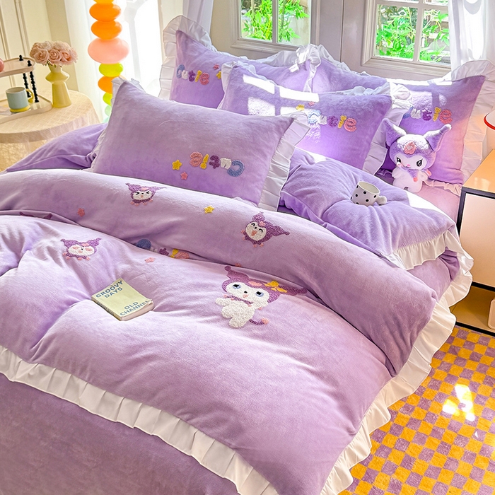 91家纺网 家纺一手货源 找家纺 雨菲家纺 2025新款高克重加厚牛奶绒毛巾绣韩版荷叶花边四件套-美美兔 美美兔紫