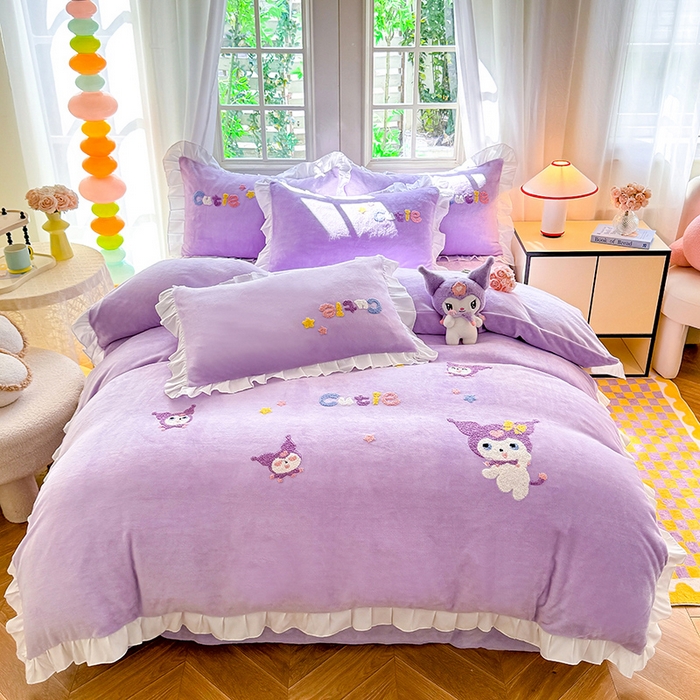 91家纺网 家纺一手货源 找家纺 雨菲家纺 2025新款高克重加厚牛奶绒毛巾绣韩版荷叶花边四件套-美美兔 美美兔紫