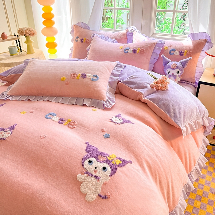 雨菲家纺 2025新款高克重加厚牛奶绒毛巾绣韩版荷叶花边四件套-美美兔 美美兔粉紫