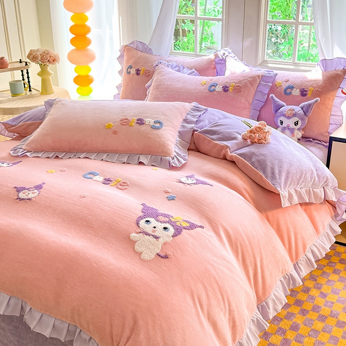 91家纺网 家纺一手货源 找家纺 雨菲家纺 2025新款高克重加厚牛奶绒毛巾绣韩版荷叶花边四件套-美美兔 美美兔粉紫