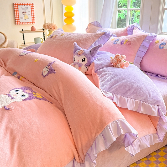 91家纺网 家纺一手货源 找家纺 （总）雨菲家纺 2025新款高克重加厚牛奶绒毛巾绣韩版荷叶花边四件套-美美兔