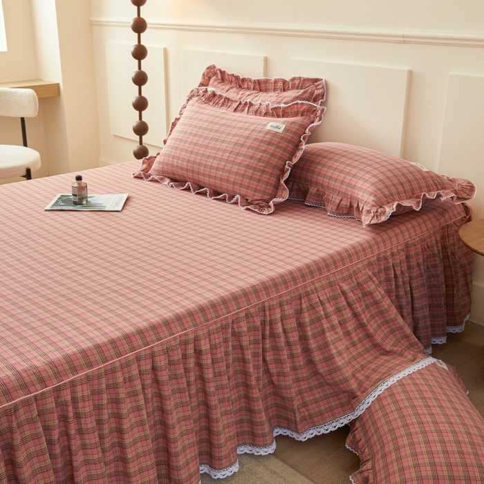 91家纺网 家纺一手货源 找家纺 缦彩 2025新款纯棉水洗棉床裙床罩四件套全棉防滑防尘保护套床单套件 艾米-粉