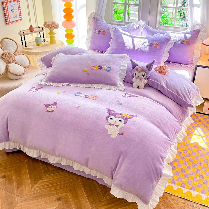 91家纺网 家纺一手货源 找家纺 雨菲家纺 2025新款高克重加厚牛奶绒毛巾绣韩版荷叶花边四件套-美美兔 美美兔紫