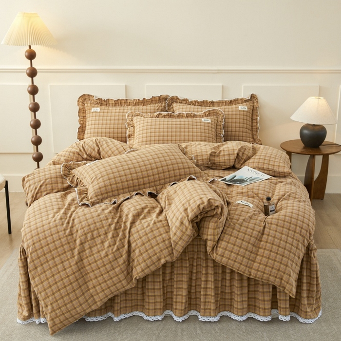 缦彩 2025新款纯棉水洗棉床裙床罩四件套全棉防滑防尘保护套床单套件 艾米-咖