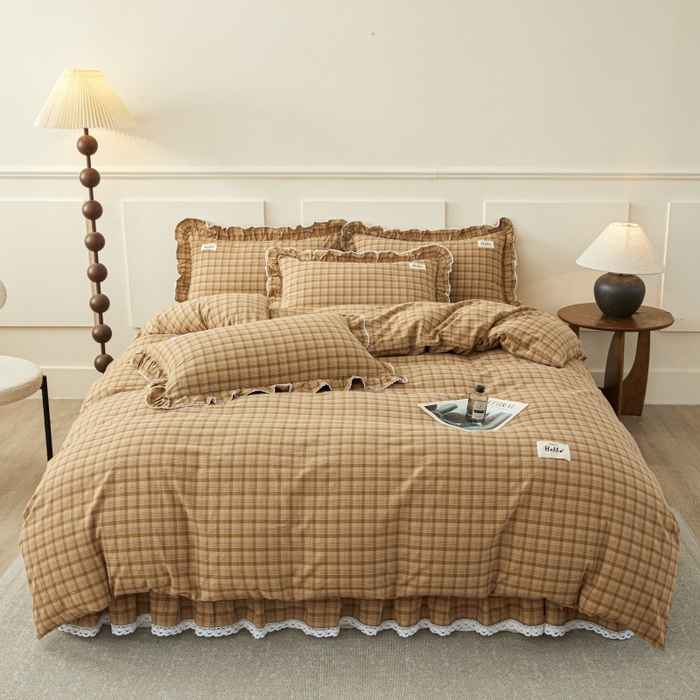 91家纺网 家纺一手货源 找家纺 缦彩 2025新款纯棉水洗棉床裙床罩四件套全棉防滑防尘保护套床单套件 艾米-咖