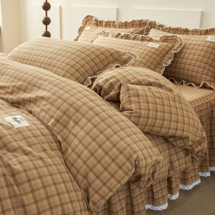 91家纺网 家纺一手货源 找家纺 缦彩 2025新款纯棉水洗棉床裙床罩四件套全棉防滑防尘保护套床单套件 艾米-咖