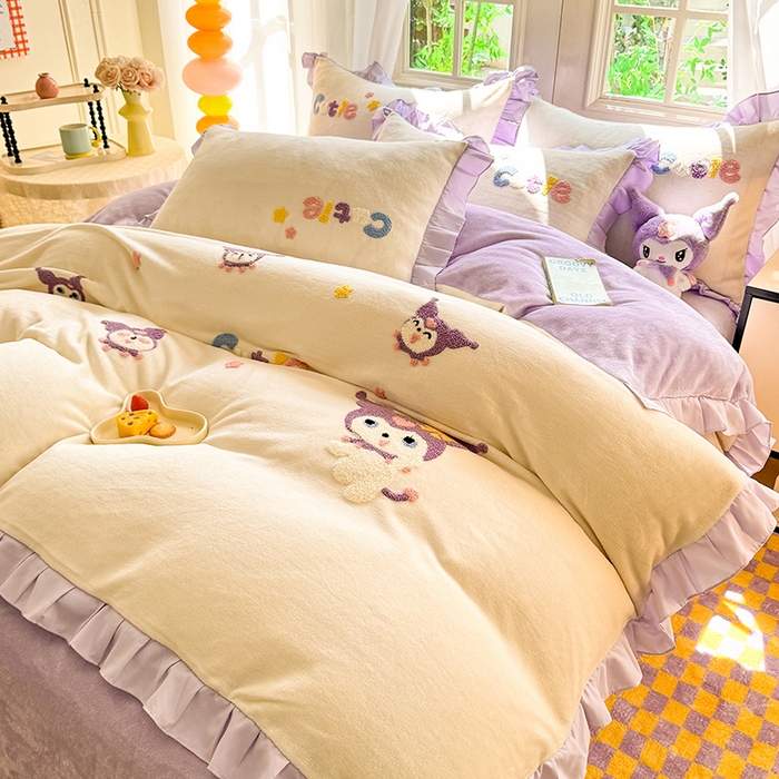 91家纺网 家纺一手货源 找家纺 雨菲家纺 2025新款高克重加厚牛奶绒毛巾绣韩版荷叶花边四件套-美美兔 美美兔奶黄紫