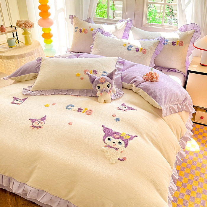 91家纺网 家纺一手货源 找家纺 雨菲家纺 2025新款高克重加厚牛奶绒毛巾绣韩版荷叶花边四件套-美美兔 美美兔奶黄紫