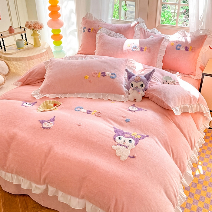 91家纺网 家纺一手货源 找家纺 雨菲家纺 2025新款高克重加厚牛奶绒毛巾绣韩版荷叶花边四件套-美美兔 美美兔粉