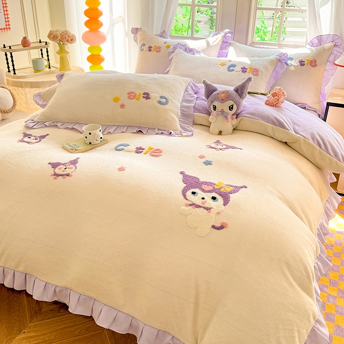 91家纺网 家纺一手货源 找家纺 雨菲家纺 2025新款高克重加厚牛奶绒毛巾绣韩版荷叶花边四件套-美美兔 美美兔奶黄紫