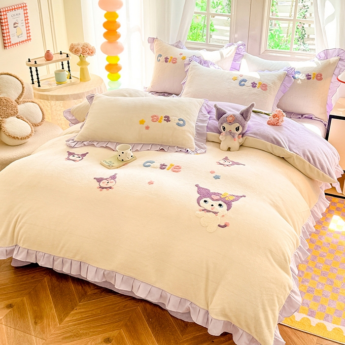 91家纺网 家纺一手货源 找家纺 雨菲家纺 2025新款高克重加厚牛奶绒毛巾绣韩版荷叶花边四件套-美美兔 美美兔奶黄紫