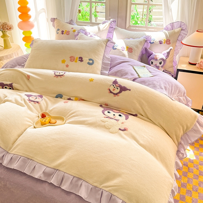 91家纺网 家纺一手货源 找家纺 雨菲家纺 2025新款高克重加厚牛奶绒毛巾绣韩版荷叶花边四件套-美美兔 美美兔奶黄紫