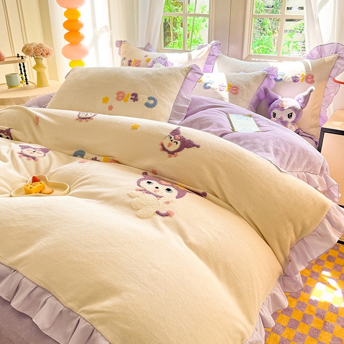 91家纺网 家纺一手货源 找家纺 雨菲家纺 2025新款高克重加厚牛奶绒毛巾绣韩版荷叶花边四件套-美美兔 美美兔奶黄紫