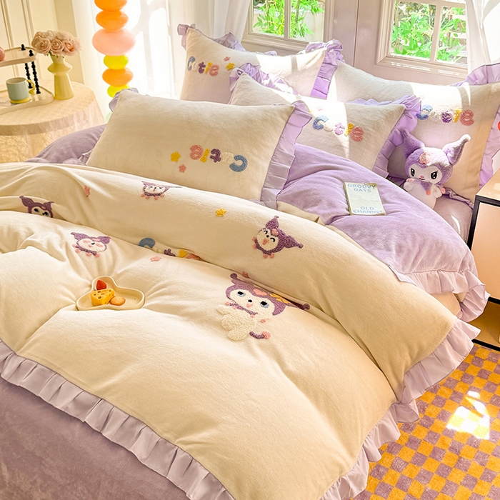 91家纺网 家纺一手货源 找家纺 雨菲家纺 2025新款高克重加厚牛奶绒毛巾绣韩版荷叶花边四件套-美美兔 美美兔奶黄紫