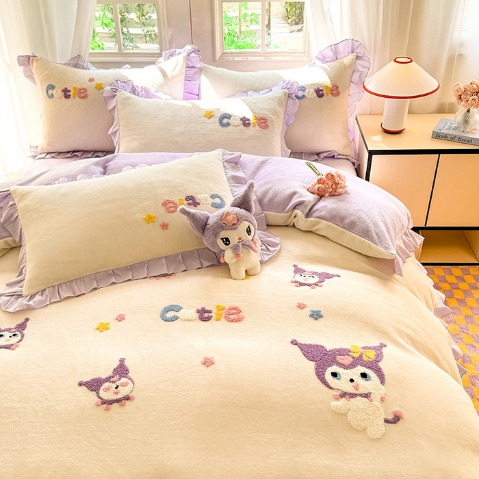 91家纺网 家纺一手货源 找家纺 雨菲家纺 2025新款高克重加厚牛奶绒毛巾绣韩版荷叶花边四件套-美美兔 美美兔奶黄紫