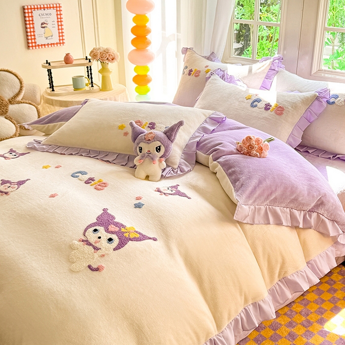 91家纺网 家纺一手货源 找家纺 雨菲家纺 2025新款高克重加厚牛奶绒毛巾绣韩版荷叶花边四件套-美美兔 美美兔奶黄紫