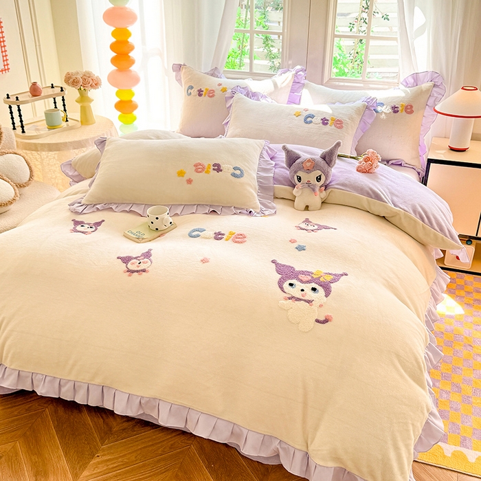 91家纺网 家纺一手货源 找家纺 雨菲家纺 2025新款高克重加厚牛奶绒毛巾绣韩版荷叶花边四件套-美美兔 美美兔奶黄紫