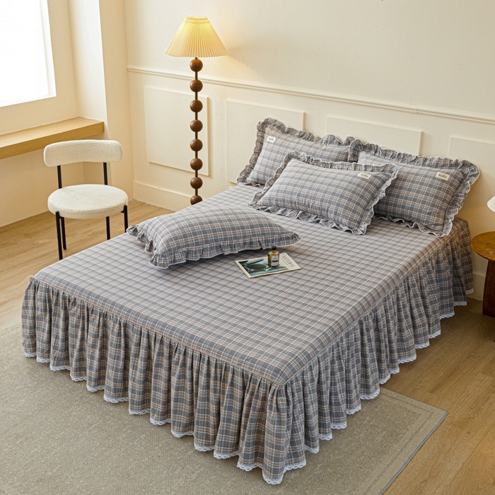 91家纺网 家纺一手货源 找家纺 缦彩 2025新款纯棉水洗棉床裙床罩四件套全棉防滑防尘保护套床单套件 艾米-兰