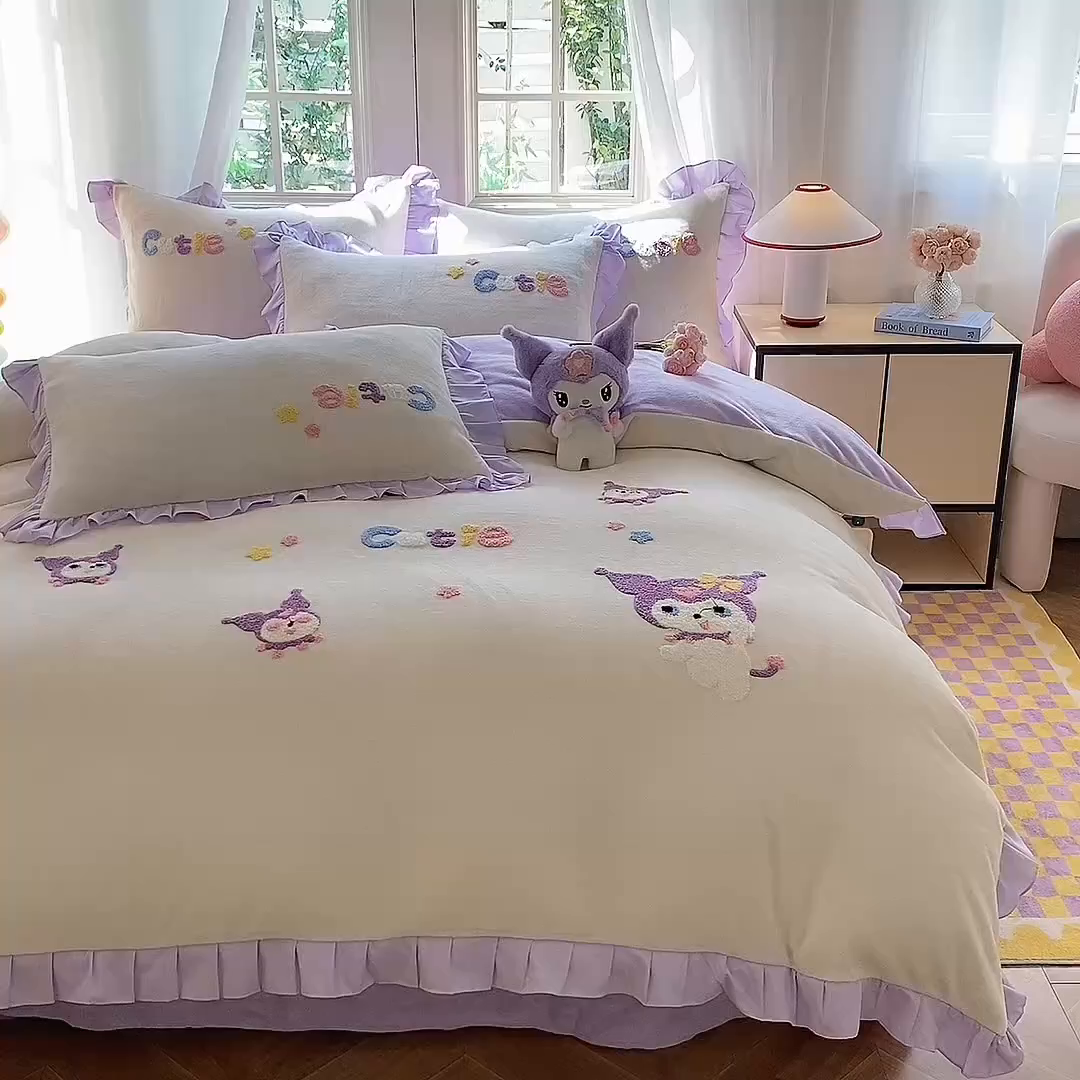 91家纺网 家纺一手货源 找家纺 雨菲家纺 2025新款高克重加厚牛奶绒毛巾绣韩版荷叶花边四件套-美美兔 美美兔奶黄紫