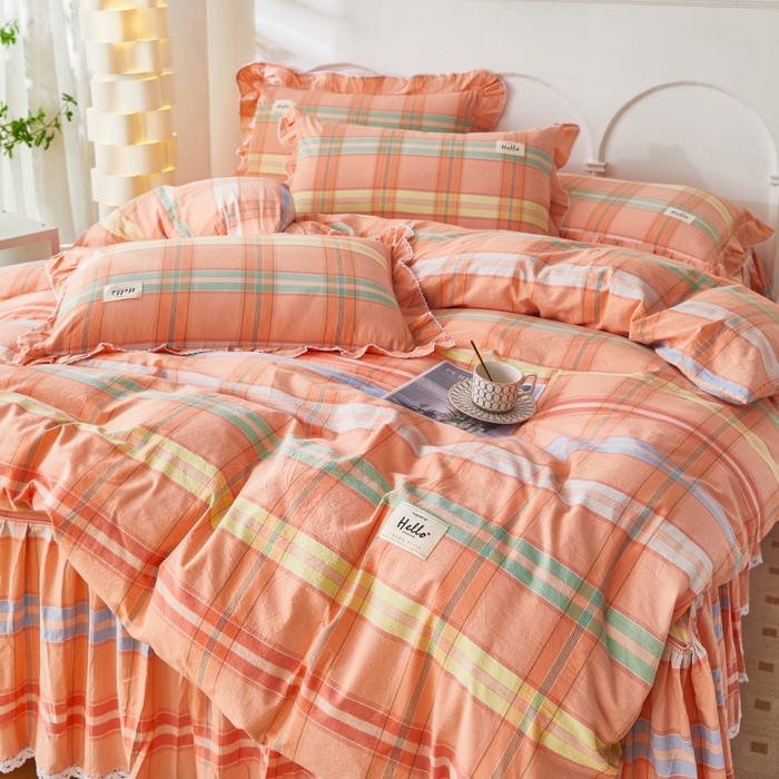 91家纺网 家纺一手货源 找家纺 缦彩 2025新款纯棉水洗棉床裙床罩四件套全棉防滑防尘保护套床单套件 多芬桔