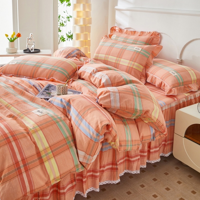 91家纺网 家纺一手货源 找家纺 缦彩 2025新款纯棉水洗棉床裙床罩四件套全棉防滑防尘保护套床单套件 多芬桔