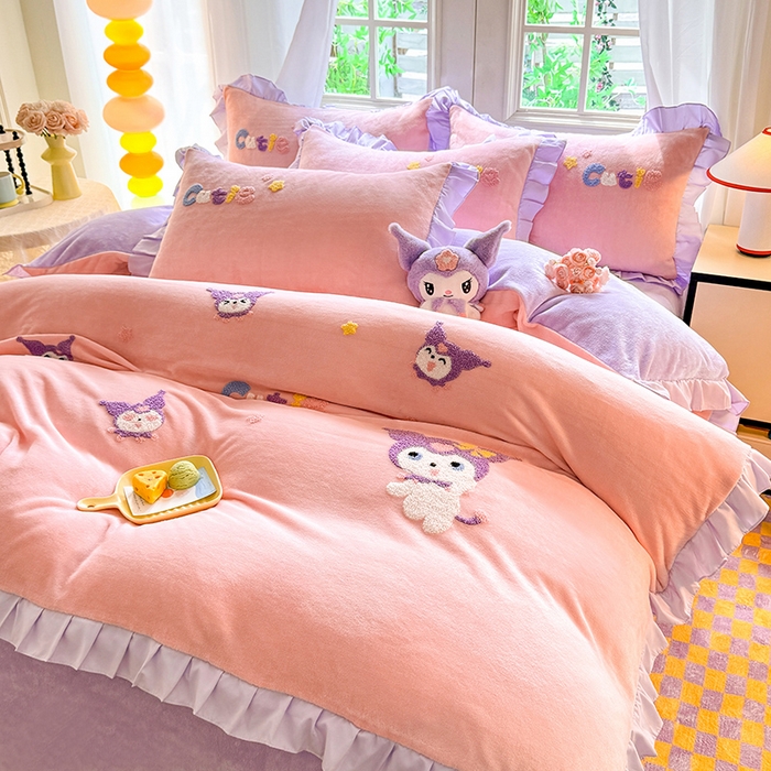 91家纺网 家纺一手货源 找家纺 （总）雨菲家纺 2025新款高克重加厚牛奶绒毛巾绣韩版荷叶花边四件套-美美兔