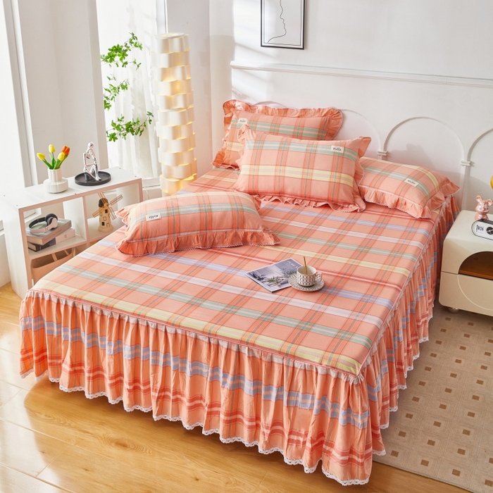 91家纺网 家纺一手货源 找家纺 缦彩 2025新款纯棉水洗棉床裙床罩四件套全棉防滑防尘保护套床单套件 多芬桔