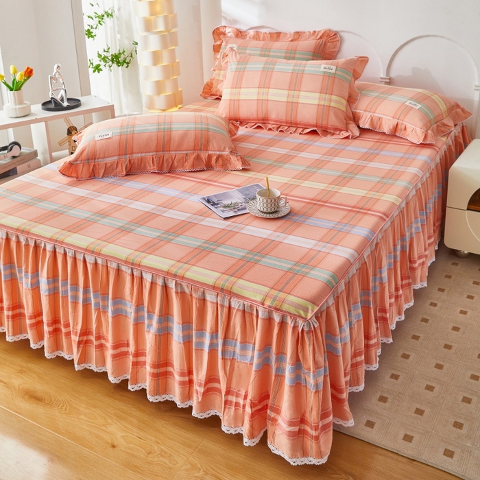 91家纺网 家纺一手货源 找家纺 缦彩 2025新款纯棉水洗棉床裙床罩四件套全棉防滑防尘保护套床单套件 多芬桔