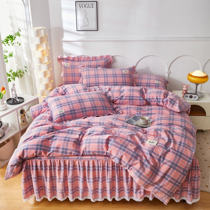 缦彩 2025新款纯棉水洗棉床裙床罩四件套全棉防滑防尘保护套床单套件 扶摇粉