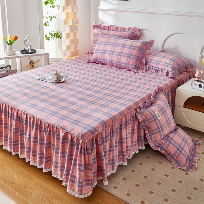 91家纺网 家纺一手货源 找家纺 缦彩 2025新款纯棉水洗棉床裙床罩四件套全棉防滑防尘保护套床单套件 扶摇粉