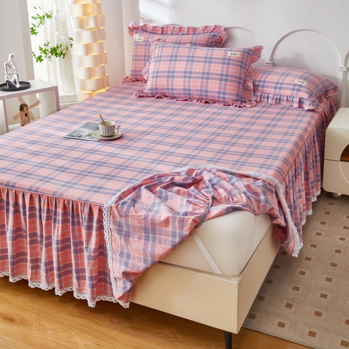 91家纺网 家纺一手货源 找家纺 缦彩 2025新款纯棉水洗棉床裙床罩四件套全棉防滑防尘保护套床单套件 扶摇粉