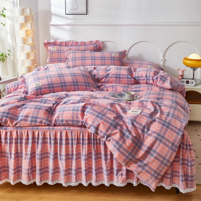 91家纺网 家纺一手货源 找家纺 缦彩 2025新款纯棉水洗棉床裙床罩四件套全棉防滑防尘保护套床单套件 扶摇粉