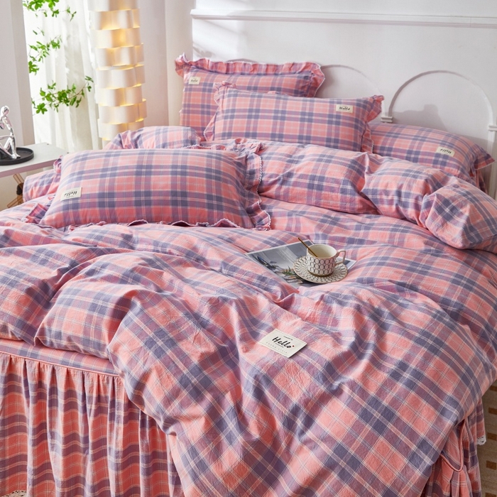 91家纺网 家纺一手货源 找家纺 缦彩 2025新款纯棉水洗棉床裙床罩四件套全棉防滑防尘保护套床单套件 扶摇粉