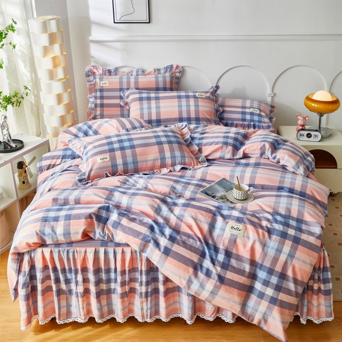 缦彩 2025新款纯棉水洗棉床裙床罩四件套全棉防滑防尘保护套床单套件 欧风粉