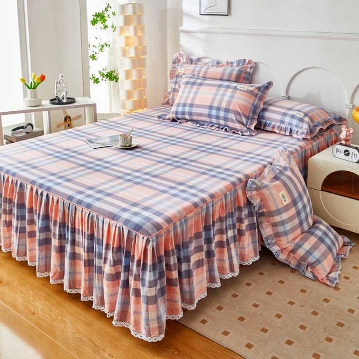 91家纺网 家纺一手货源 找家纺 缦彩 2025新款纯棉水洗棉床裙床罩四件套全棉防滑防尘保护套床单套件 欧风粉