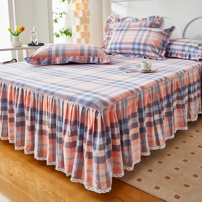 91家纺网 家纺一手货源 找家纺 缦彩 2025新款纯棉水洗棉床裙床罩四件套全棉防滑防尘保护套床单套件 欧风粉