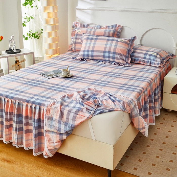 91家纺网 家纺一手货源 找家纺 缦彩 2025新款纯棉水洗棉床裙床罩四件套全棉防滑防尘保护套床单套件 欧风粉