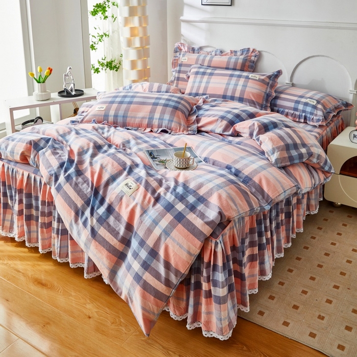 91家纺网 家纺一手货源 找家纺 缦彩 2025新款纯棉水洗棉床裙床罩四件套全棉防滑防尘保护套床单套件 欧风粉