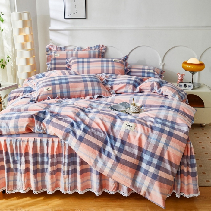 91家纺网 家纺一手货源 找家纺 缦彩 2025新款纯棉水洗棉床裙床罩四件套全棉防滑防尘保护套床单套件 欧风粉