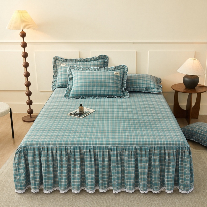 91家纺网 家纺一手货源 找家纺 缦彩 2025新款纯棉水洗棉床裙床罩四件套全棉防滑防尘保护套床单套件 品格-绿