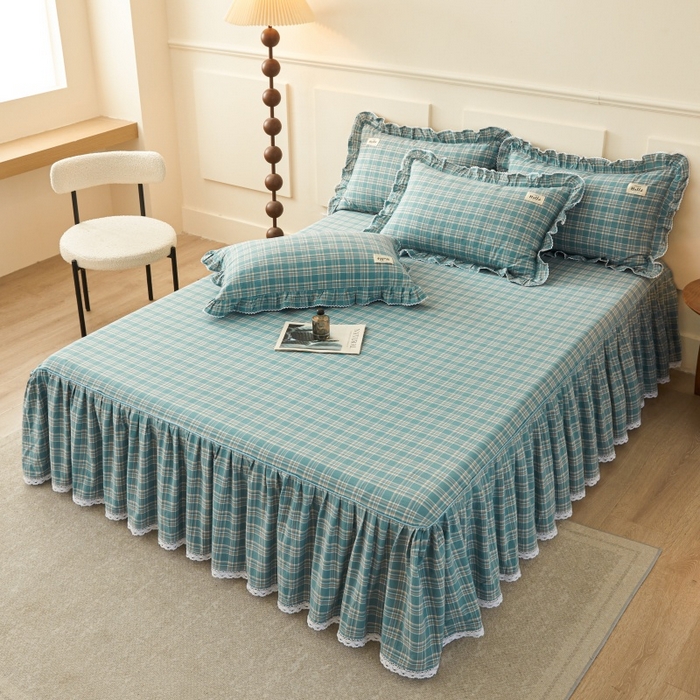 91家纺网 家纺一手货源 找家纺 缦彩 2025新款纯棉水洗棉床裙床罩四件套全棉防滑防尘保护套床单套件 品格-绿