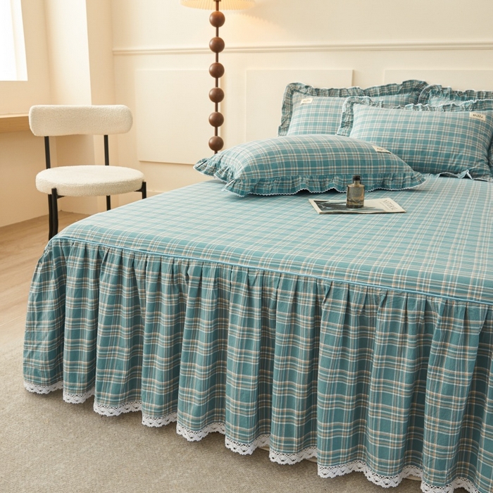 91家纺网 家纺一手货源 找家纺 缦彩 2025新款纯棉水洗棉床裙床罩四件套全棉防滑防尘保护套床单套件 品格-绿