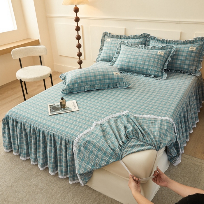 91家纺网 家纺一手货源 找家纺 缦彩 2025新款纯棉水洗棉床裙床罩四件套全棉防滑防尘保护套床单套件 品格-绿