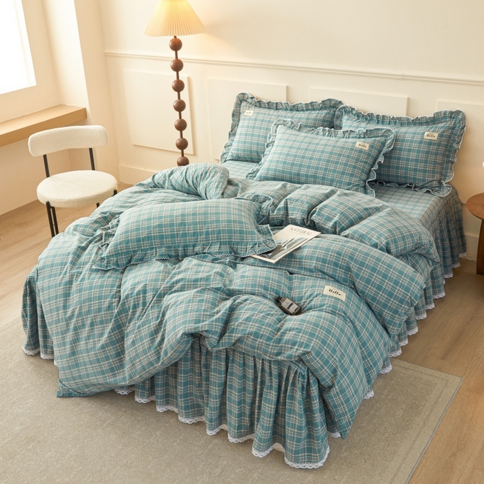 91家纺网 家纺一手货源 找家纺 缦彩 2025新款纯棉水洗棉床裙床罩四件套全棉防滑防尘保护套床单套件 品格-绿