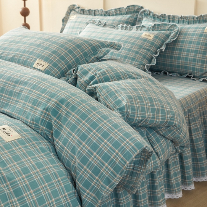 91家纺网 家纺一手货源 找家纺 缦彩 2025新款纯棉水洗棉床裙床罩四件套全棉防滑防尘保护套床单套件 品格-绿