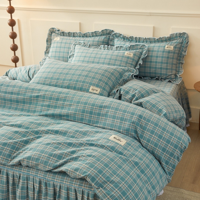 91家纺网 家纺一手货源 找家纺 缦彩 2025新款纯棉水洗棉床裙床罩四件套全棉防滑防尘保护套床单套件 品格-绿