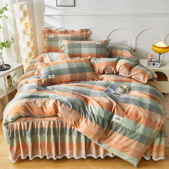 缦彩 2025新款纯棉水洗棉床裙床罩四件套全棉防滑防尘保护套床单套件 奇兰灰