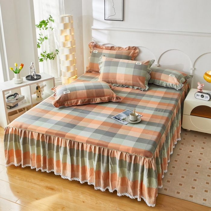 91家纺网 家纺一手货源 找家纺 缦彩 2025新款纯棉水洗棉床裙床罩四件套全棉防滑防尘保护套床单套件 奇兰灰