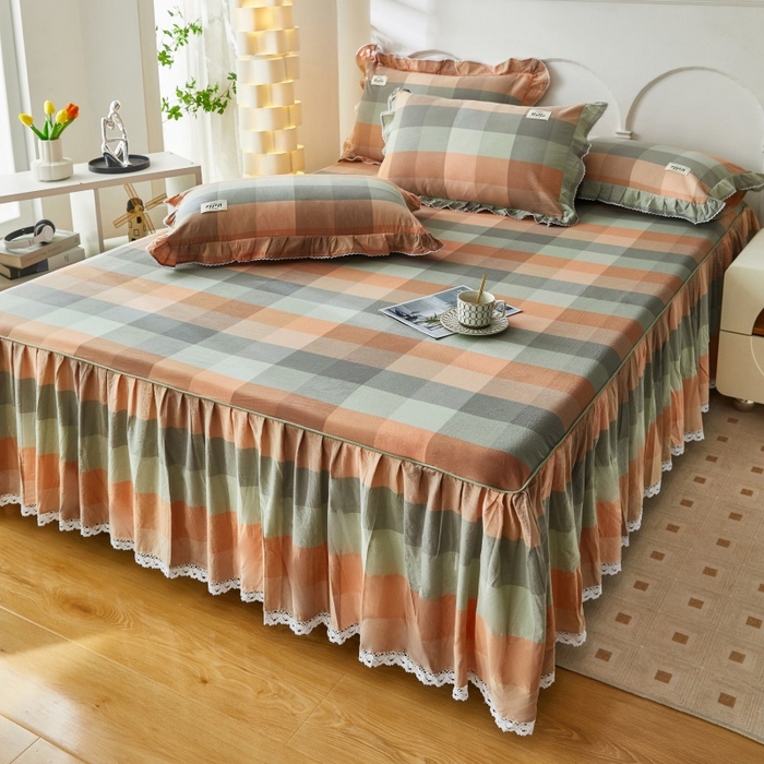 91家纺网 家纺一手货源 找家纺 缦彩 2025新款纯棉水洗棉床裙床罩四件套全棉防滑防尘保护套床单套件 奇兰灰